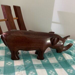 Vintage MidCentury‎ Hand Carved Solid Wooden Rhinoceros Figurine Sculpture Wood